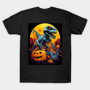 Halloween Skeleton Zombie Ghost Riding T Rex Funny Pumpkin T-Shirt